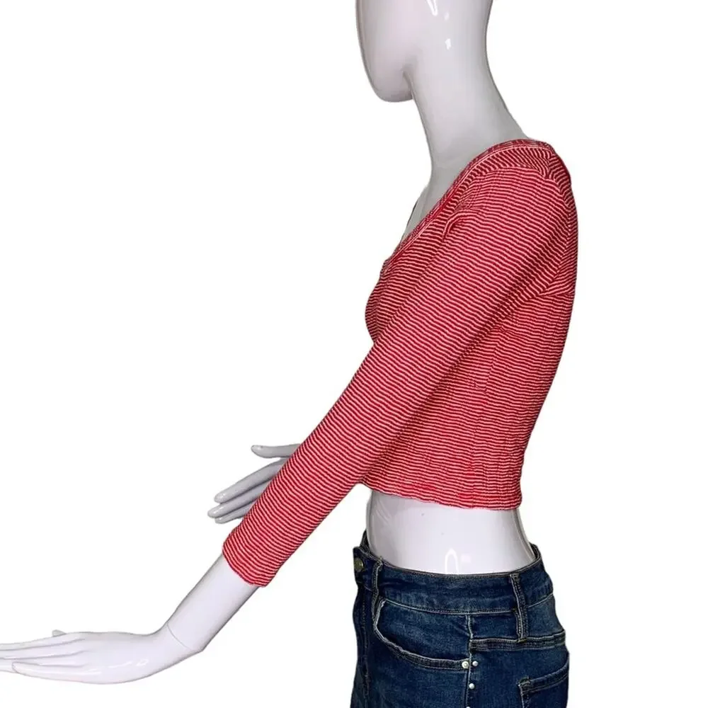 Zara Trafaluc Fine Knit Crop Top Long Sleeve Scoop Neck Red/White Size M